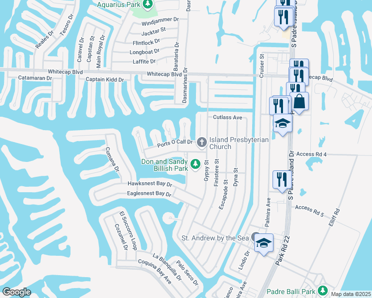 map of restaurants, bars, coffee shops, grocery stores, and more near 14005 Ports O Call Drive in Corpus Christi