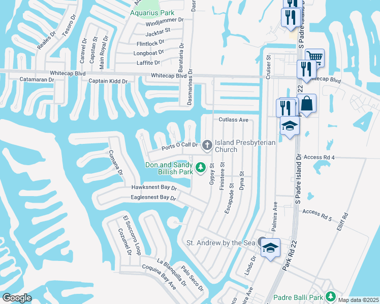 map of restaurants, bars, coffee shops, grocery stores, and more near 14005 Ports O Call Drive in Corpus Christi