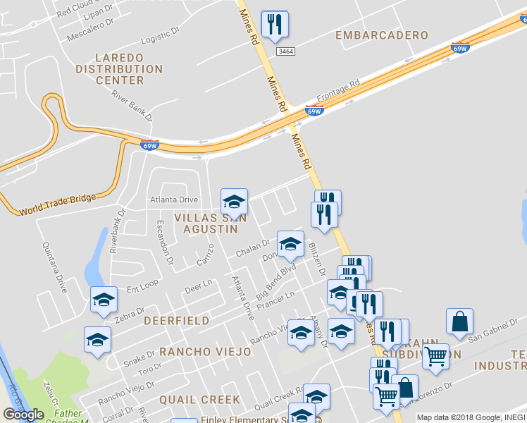 map of restaurants, bars, coffee shops, grocery stores, and more near 11110 Revilla Drive in Laredo