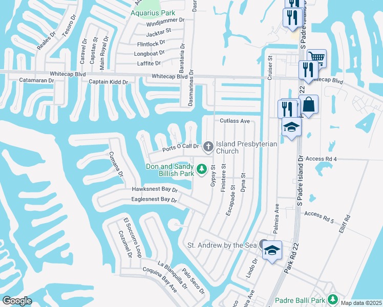 map of restaurants, bars, coffee shops, grocery stores, and more near 14005 Ports O Call Drive in Corpus Christi