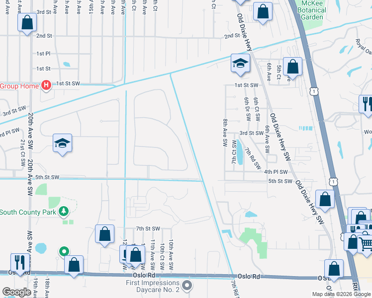 map of restaurants, bars, coffee shops, grocery stores, and more near 389 11th Square Southwest in Vero Beach