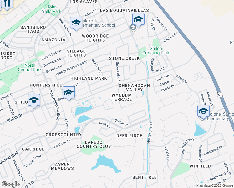 map of restaurants, bars, coffee shops, grocery stores, and more near 8812 Snow Falls Drive in Laredo
