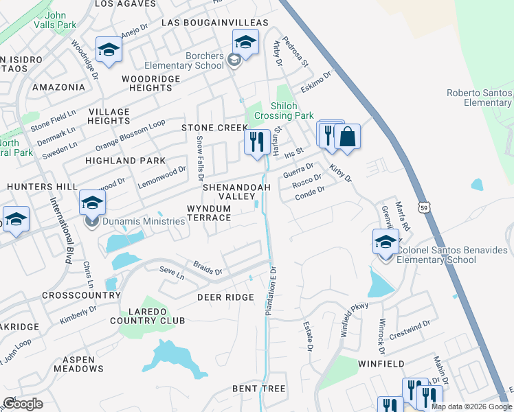 map of restaurants, bars, coffee shops, grocery stores, and more near 2928 Fisher's Hill Loop in Laredo