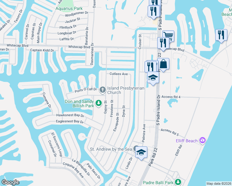 map of restaurants, bars, coffee shops, grocery stores, and more near 15438 Finistere Street in Corpus Christi