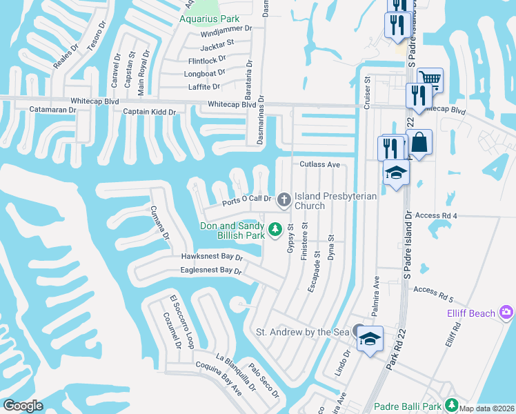 map of restaurants, bars, coffee shops, grocery stores, and more near 14005 Ports O Call Drive in Corpus Christi