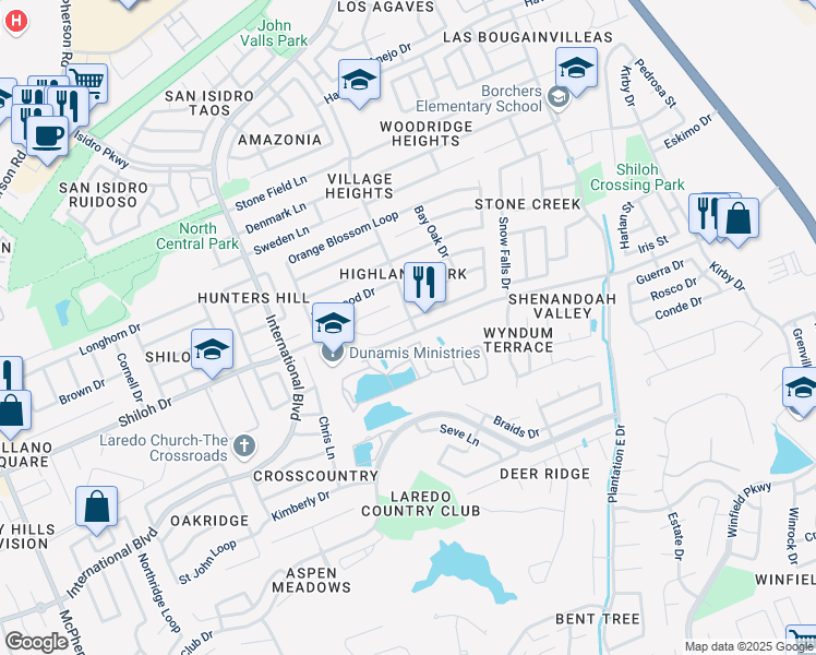 map of restaurants, bars, coffee shops, grocery stores, and more near 1706-1708 Whitewood Drive in Laredo