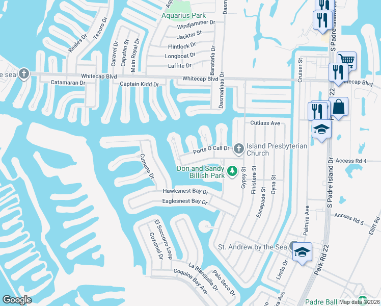 map of restaurants, bars, coffee shops, grocery stores, and more near 15422 Fortuna Bay Drive in Corpus Christi