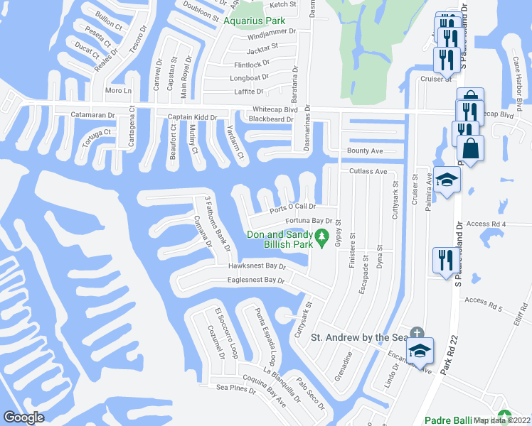map of restaurants, bars, coffee shops, grocery stores, and more near 15422 Fortuna Bay Drive in Corpus Christi