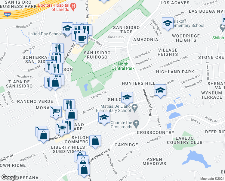 map of restaurants, bars, coffee shops, grocery stores, and more near 1409 Longhorn Drive in Laredo