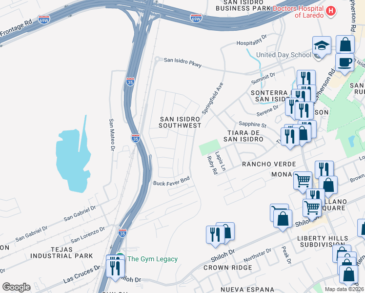 map of restaurants, bars, coffee shops, grocery stores, and more near 1318 Chital Drive in Laredo