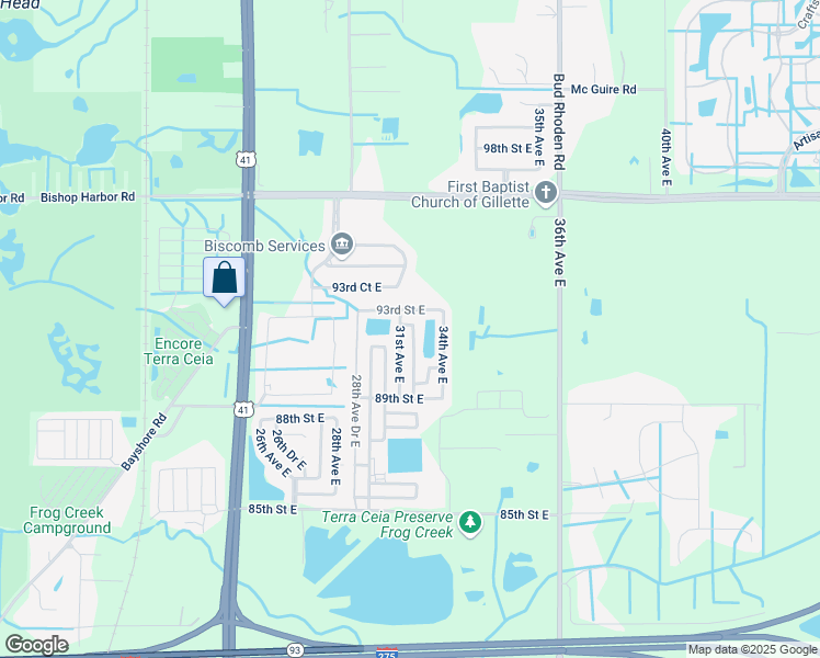 map of restaurants, bars, coffee shops, grocery stores, and more near 3110 92nd Street Court East in Palmetto