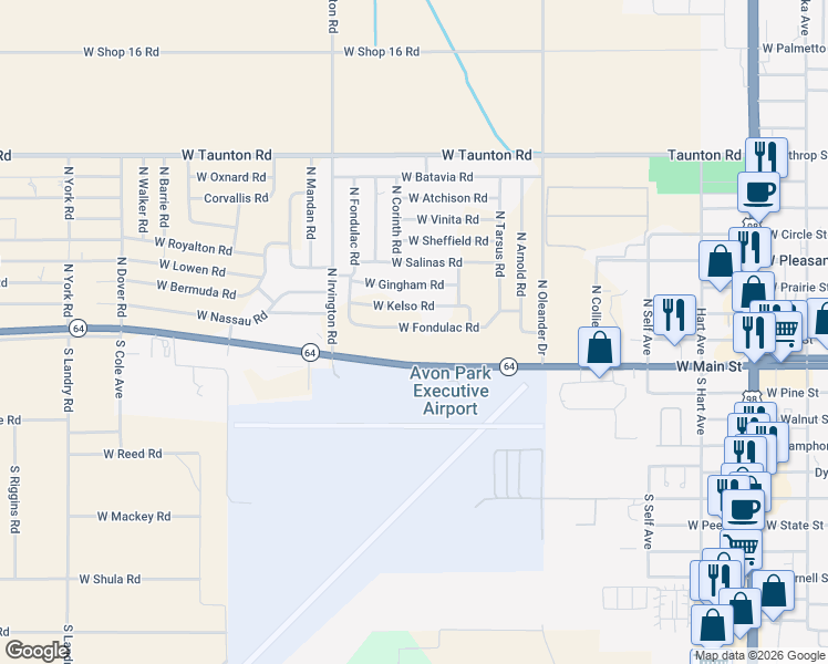 map of restaurants, bars, coffee shops, grocery stores, and more near 1742 West Fondulac Road in Avon Park