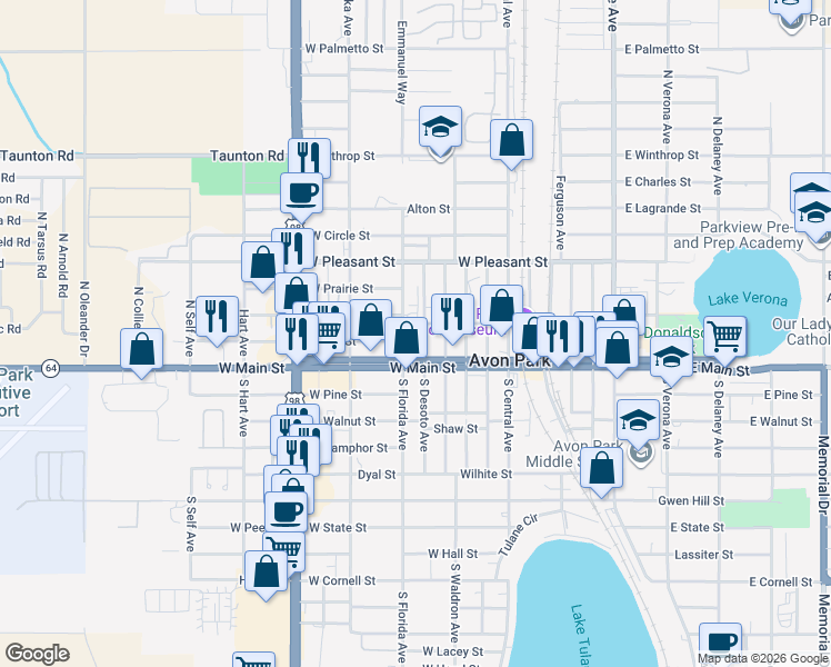 map of restaurants, bars, coffee shops, grocery stores, and more near 102 North Florida Avenue in Avon Park