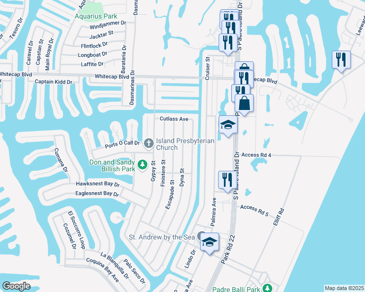 map of restaurants, bars, coffee shops, grocery stores, and more near 15437 Dyna Street in Corpus Christi