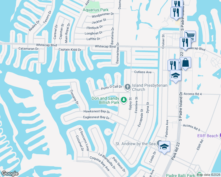 map of restaurants, bars, coffee shops, grocery stores, and more near 15425 Grass Cay Court in Corpus Christi