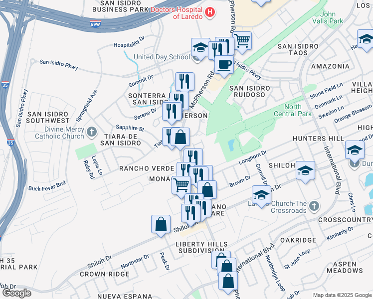 map of restaurants, bars, coffee shops, grocery stores, and more near 9651 McPherson Road in Laredo