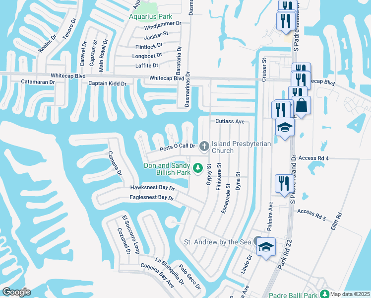 map of restaurants, bars, coffee shops, grocery stores, and more near 14005 Ports O Call Drive in Corpus Christi