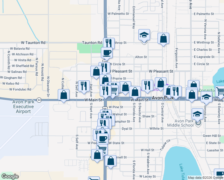 map of restaurants, bars, coffee shops, grocery stores, and more near 1001 Locke Street in Avon Park