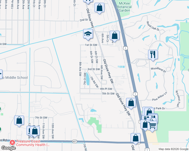 map of restaurants, bars, coffee shops, grocery stores, and more near 355 6th Road Southwest in Vero Beach