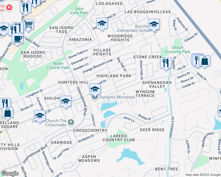 map of restaurants, bars, coffee shops, grocery stores, and more near 1706 Whitewood Drive in Laredo