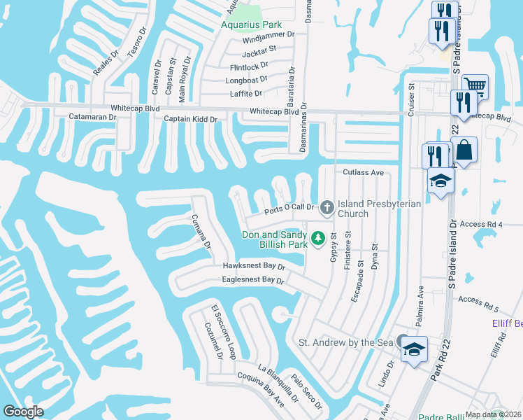 map of restaurants, bars, coffee shops, grocery stores, and more near 15417 Gun Cay Court in Corpus Christi