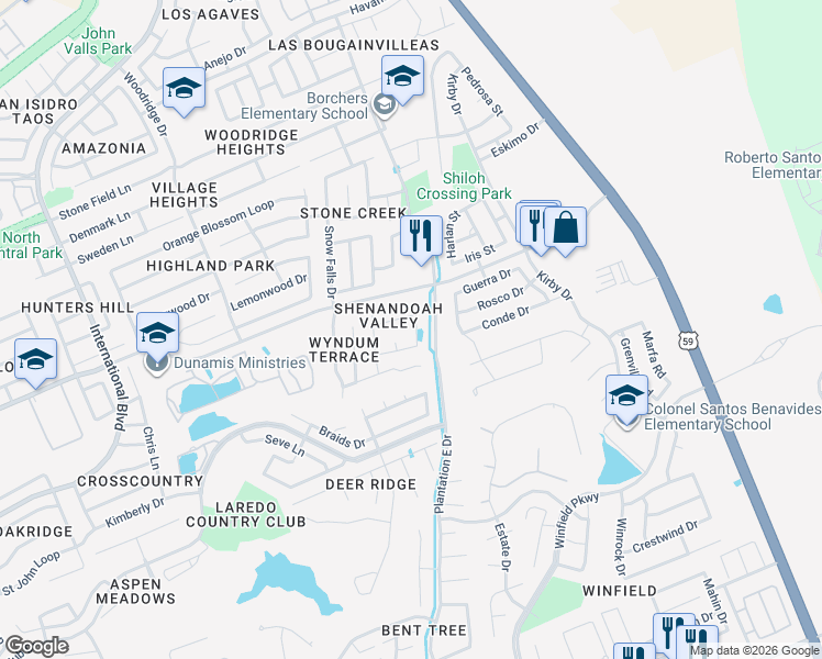 map of restaurants, bars, coffee shops, grocery stores, and more near 2928 Fisher's Hill Loop in Laredo