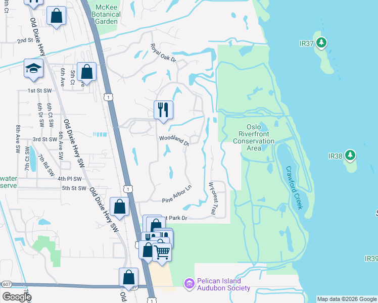 map of restaurants, bars, coffee shops, grocery stores, and more near 105 Pine Arbor Lane in Vero Beach