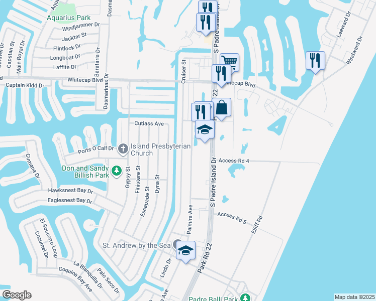 map of restaurants, bars, coffee shops, grocery stores, and more near 15441 Palmira Avenue in Corpus Christi