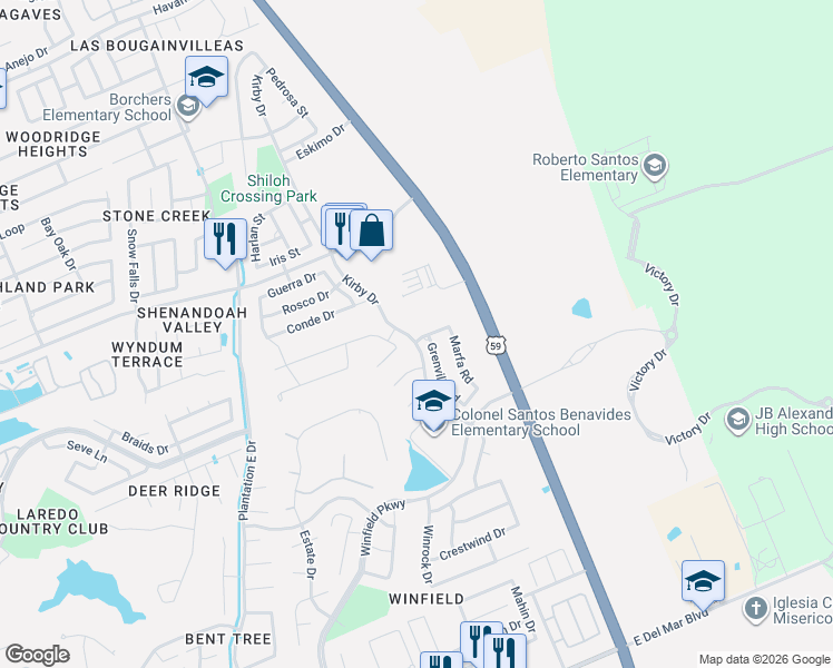 map of restaurants, bars, coffee shops, grocery stores, and more near 4102 De Novo Street in Laredo
