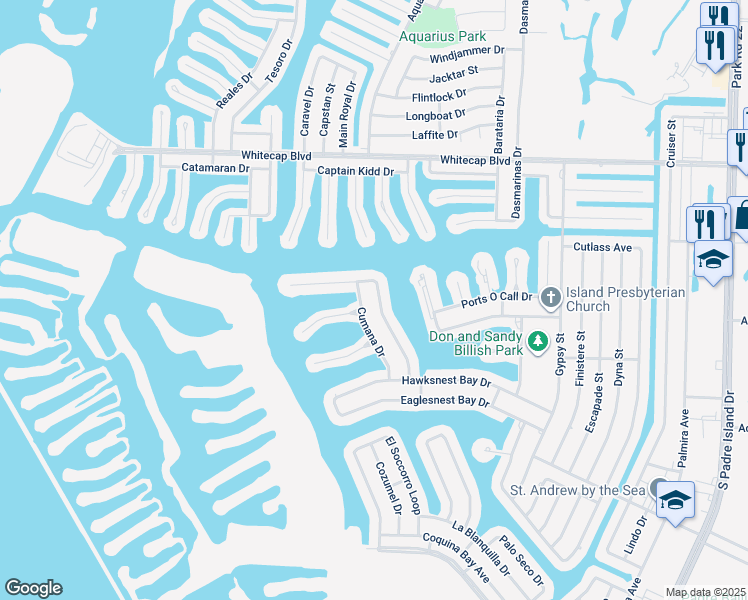 map of restaurants, bars, coffee shops, grocery stores, and more near 15613 3 Fathoms Bank Drive in Corpus Christi
