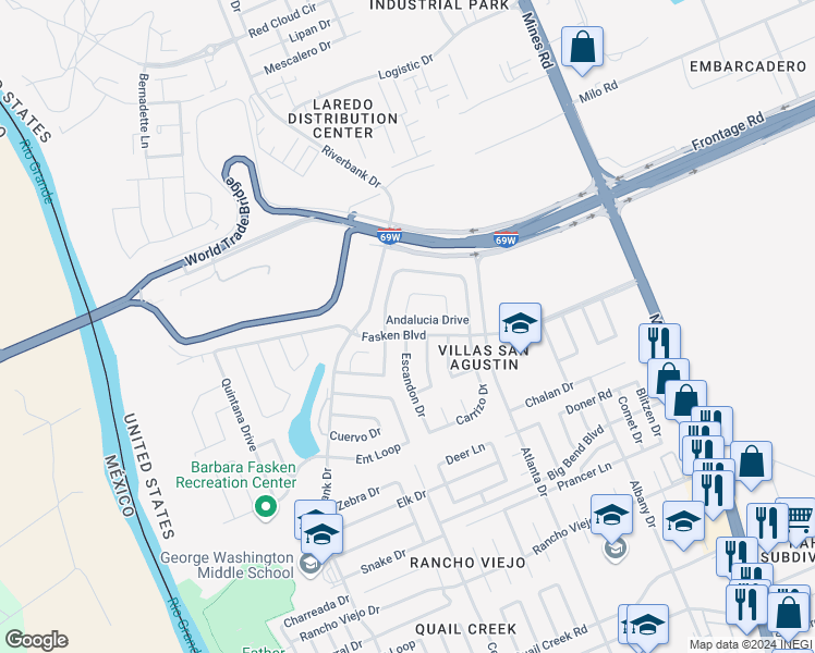 map of restaurants, bars, coffee shops, grocery stores, and more near 711 Andalucia Drive in Laredo