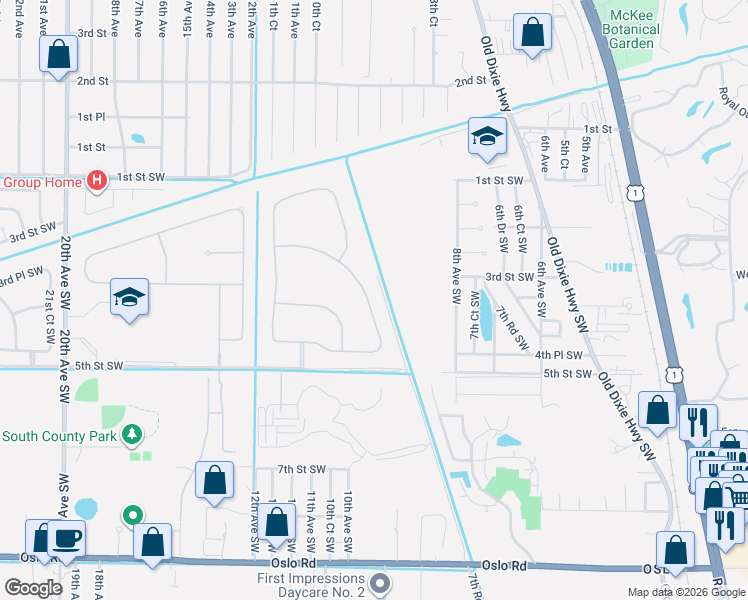 map of restaurants, bars, coffee shops, grocery stores, and more near 389 11th Square Southwest in Vero Beach