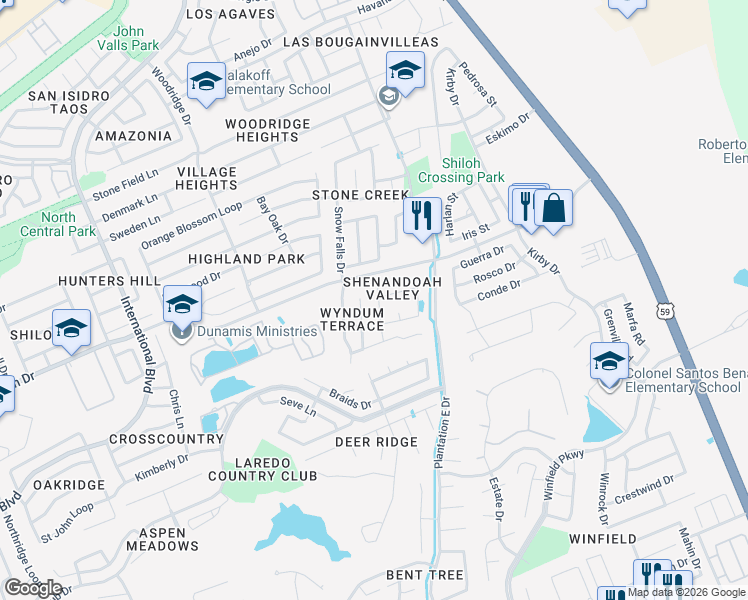 map of restaurants, bars, coffee shops, grocery stores, and more near 8802 Allegheny in Laredo