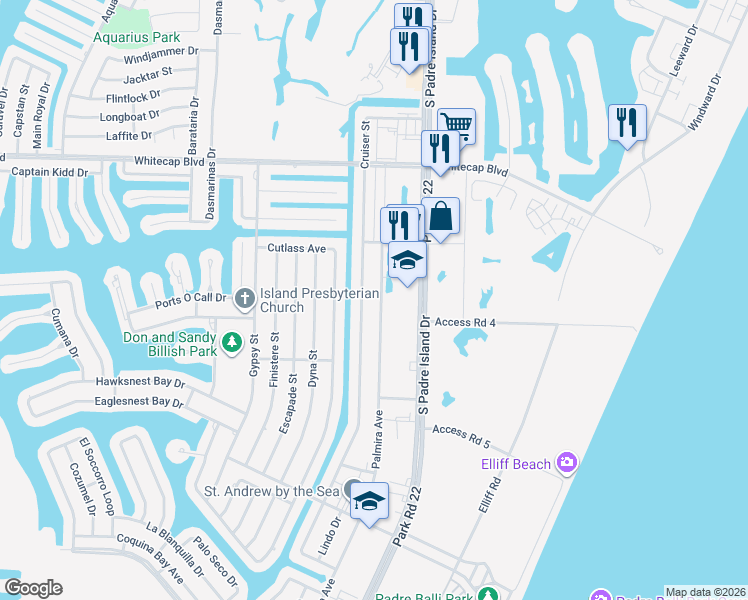map of restaurants, bars, coffee shops, grocery stores, and more near 15441 Palmira Avenue in Corpus Christi