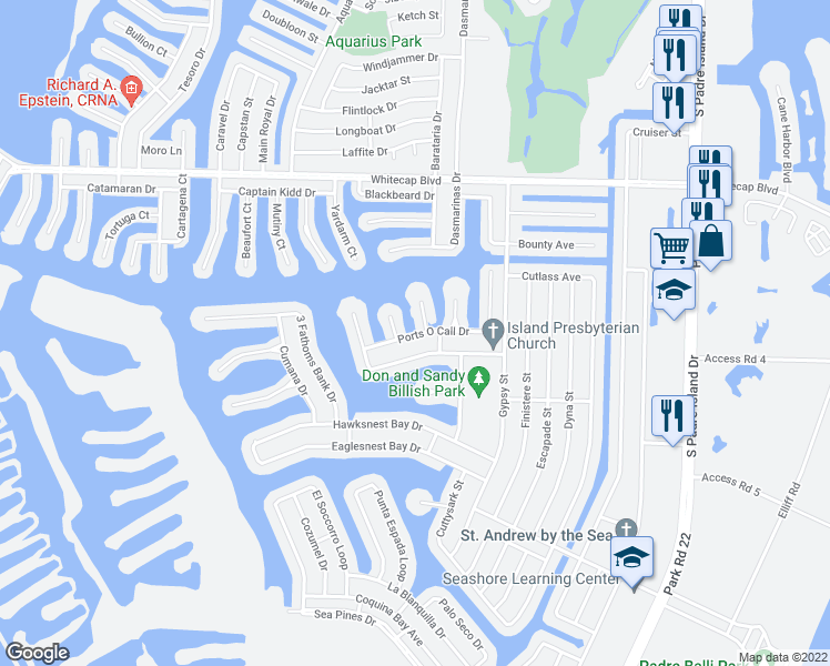 map of restaurants, bars, coffee shops, grocery stores, and more near 15425 Grass Cay Court in Corpus Christi