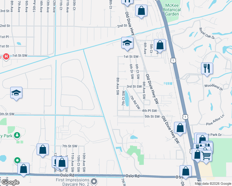 map of restaurants, bars, coffee shops, grocery stores, and more near 319 8th Avenue Southwest in Vero Beach