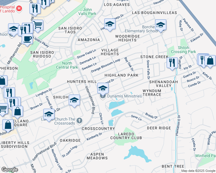 map of restaurants, bars, coffee shops, grocery stores, and more near 1606 Woodstone Court in Laredo