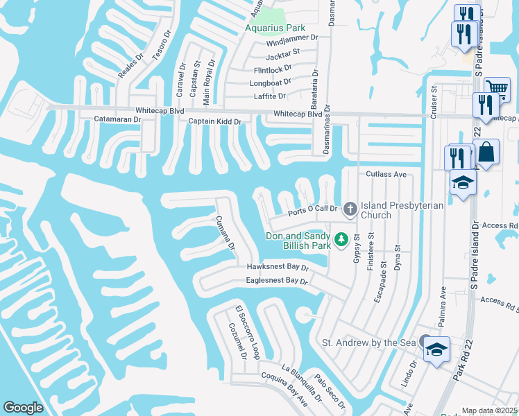 map of restaurants, bars, coffee shops, grocery stores, and more near 15425 Fortuna Bay Drive in Corpus Christi