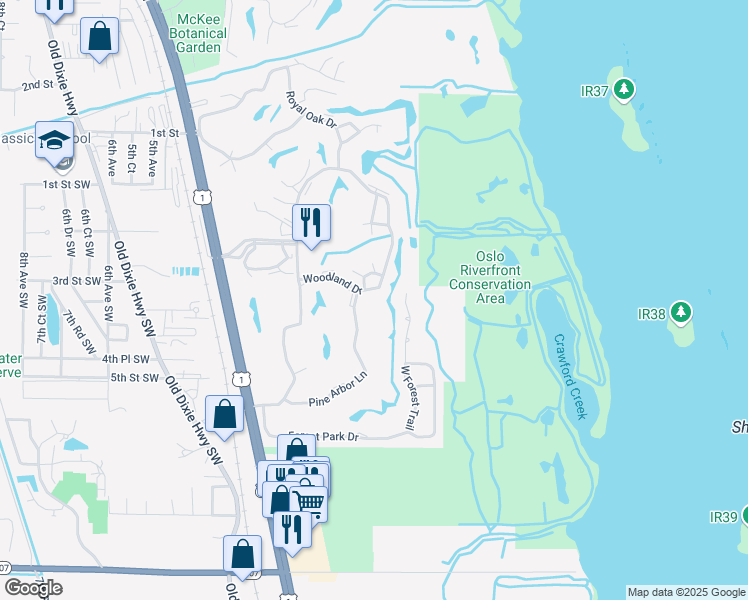 map of restaurants, bars, coffee shops, grocery stores, and more near 105 Pine Arbor Lane in Vero Beach