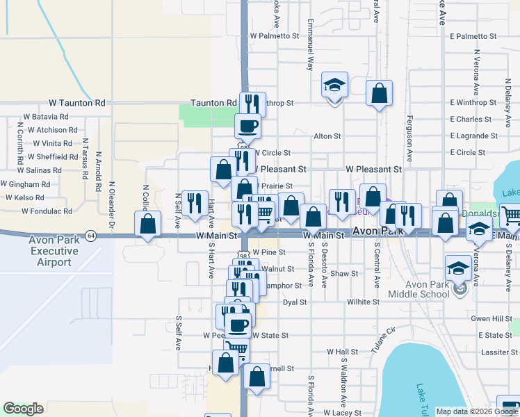map of restaurants, bars, coffee shops, grocery stores, and more near 1001 Locke Street in Avon Park