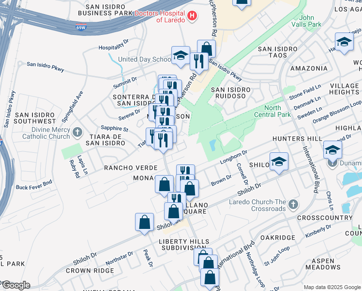 map of restaurants, bars, coffee shops, grocery stores, and more near 9651 McPherson Road in Laredo