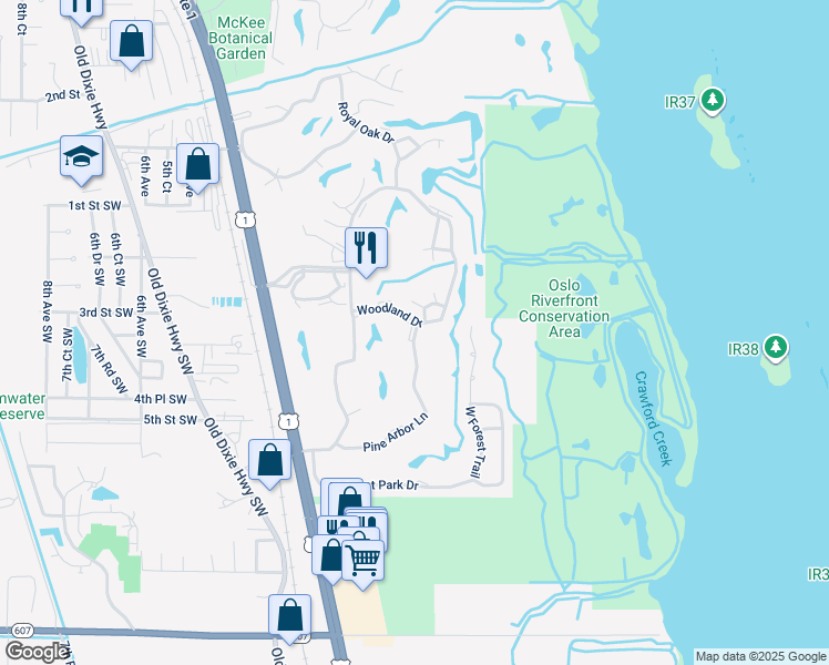 map of restaurants, bars, coffee shops, grocery stores, and more near 105 Pine Arbor Lane in Vero Beach