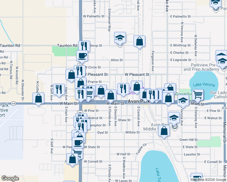 map of restaurants, bars, coffee shops, grocery stores, and more near 102 North Florida Avenue in Avon Park
