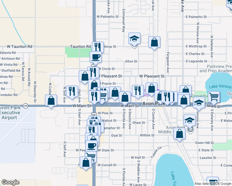 map of restaurants, bars, coffee shops, grocery stores, and more near 907 Locke Street in Avon Park