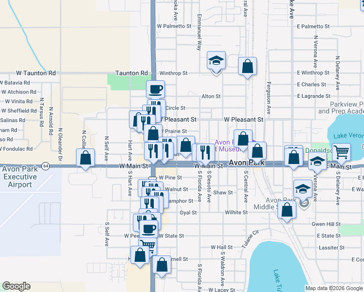 map of restaurants, bars, coffee shops, grocery stores, and more near 907 Locke Street in Avon Park