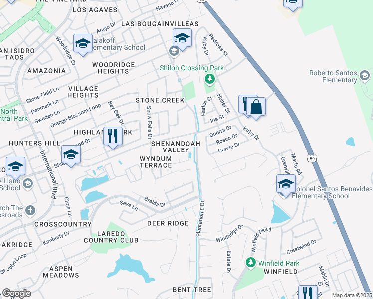 map of restaurants, bars, coffee shops, grocery stores, and more near 2942 Fisher's Hill Loop in Laredo