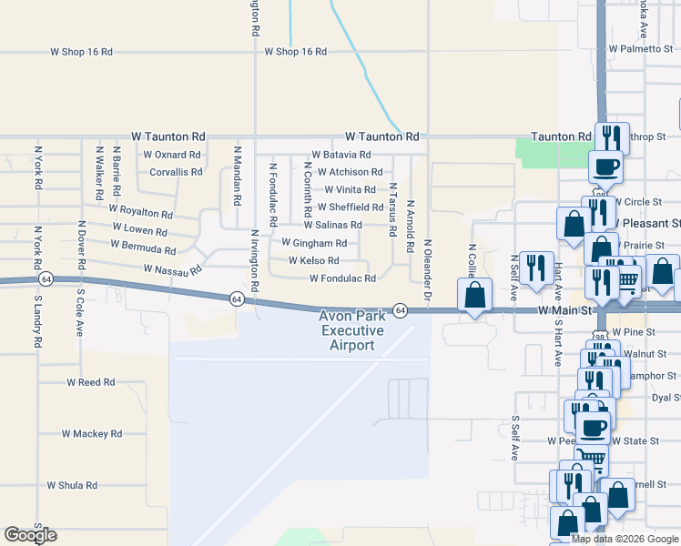 map of restaurants, bars, coffee shops, grocery stores, and more near 1710 West Fondulac Road in Avon Park