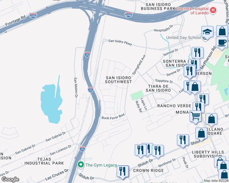 map of restaurants, bars, coffee shops, grocery stores, and more near 1318 Chital Drive in Laredo
