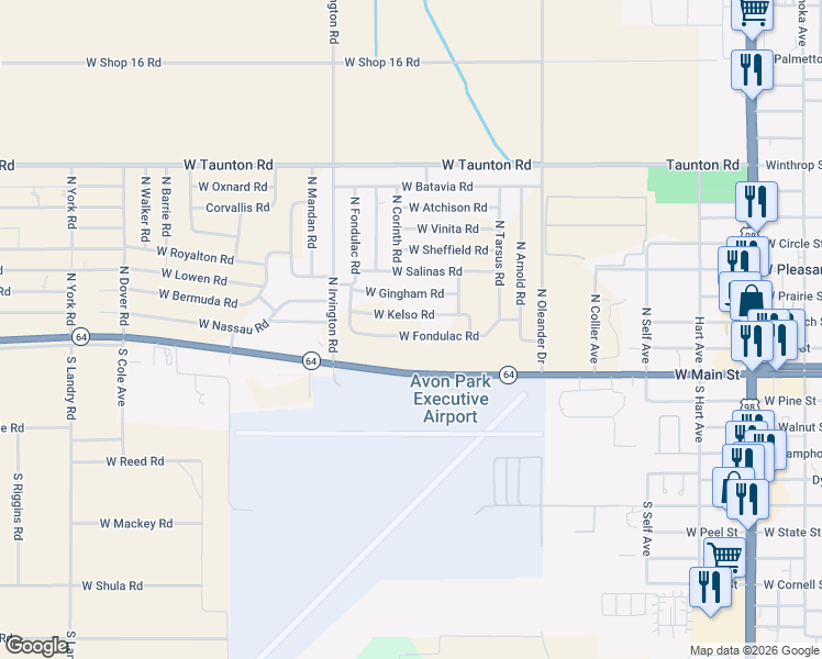 map of restaurants, bars, coffee shops, grocery stores, and more near 1742 West Fondulac Road in Avon Park