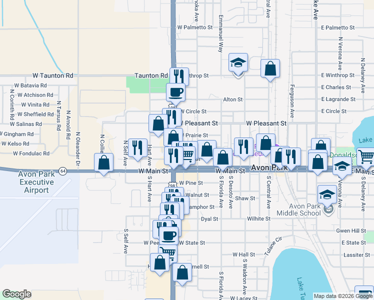 map of restaurants, bars, coffee shops, grocery stores, and more near 1001 Locke Street in Avon Park